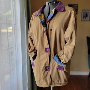 Current Seen Women Utility Jacket Purple Cord Collar and Aztec Print Reversible